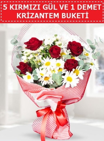 5 adet kırmızı gül ve krizantem buketi  Sinop internetten çiçek satışı 